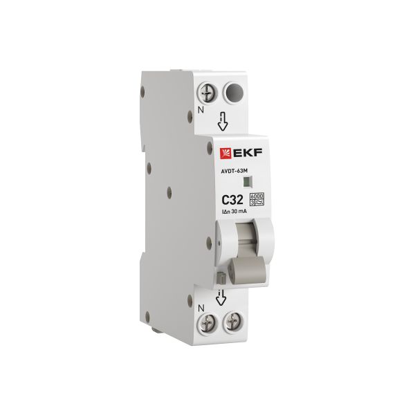 Автоматический выключатель дифференциального тока АВДТ-63М 1P+N 18мм 32А характеристика С 30мА тип A электронный 6кА PROXIMA EKF