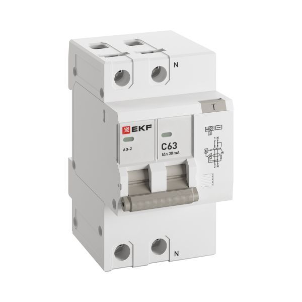 Автоматический выключатель дифференциального тока АД-2 2Р 63А характеристика C 30мА тип АС электронный 6кА PROXIMA EKF