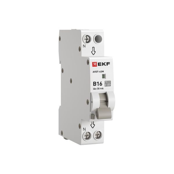 Автоматический выключатель дифференциального тока АВДТ-63М 1P+N 18мм 16А характеристика B 30мА тип A электронный 6кА PROXIMA EKF