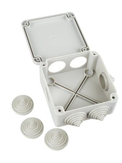 Коробка распаячная КМ для открытой проводки безгалогенная (HF) 100х100х45мм IP44 6 вводов серая IEK