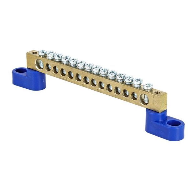 Шина "0" N (6x9мм) 14 отверстий латунь 2 синих угловых изолятора EKF PROxima