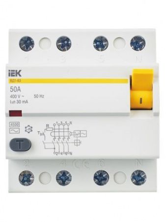 Выключатель дифференциальный (УЗО) ВД1-63 4Р 50А 30мА IEK