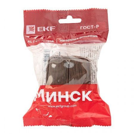 Выключатель 2-клавишный ОП Минск 10А с индикатором тёмное дерево EKF