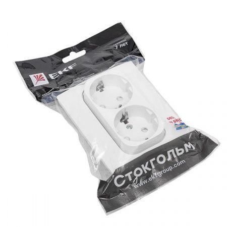 Стокгольм Розетка 2-местная с/з 16А автоматические клеммы белая с защ. штор. EKF PROxima