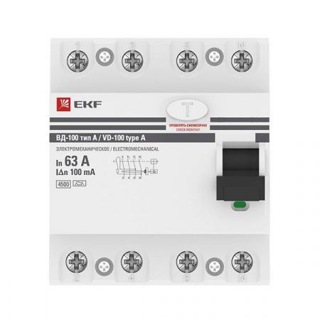 Устройство защитного отключения ВД-100 4P 63А 100мА тип А эл-мех EKF PROxima