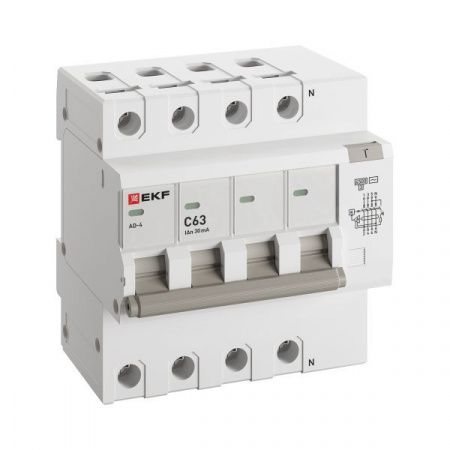 Автоматический выключатель дифференциального тока АД-4 4P 63А характеристика C 30мА тип АС электронный 4,5кА PROXIMA EKF