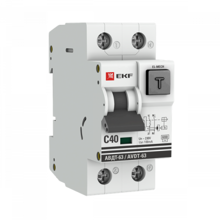 Автоматический выключатель дифференциального тока АВДТ-63 1P+N 40А характеристика C 100мА тип AС электромеханический 6кА EKF PROXIMA