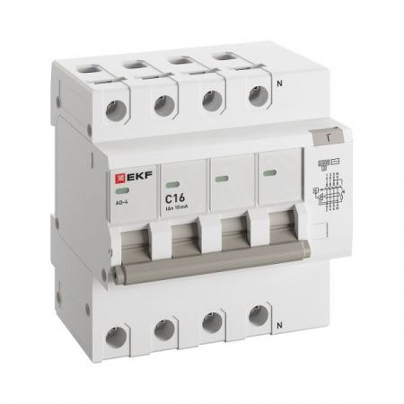 Автоматический выключатель дифференциального тока АД-4 4Р 16А характеристика C 10мА тип АС электронный 4,5кА PROXIMA EKF