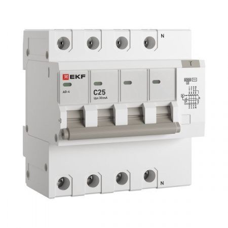 Автоматический выключатель дифференциального тока АД-4 4P 25А характеристика C 30мА тип АС электронный 6кА PROXIMA EKF