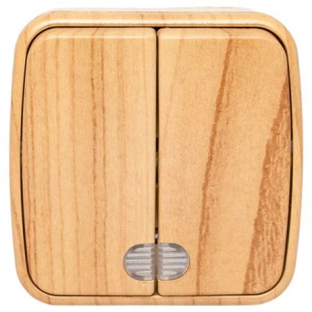 Выключатель 2-клавишный ОП Минск 10А с индикатором светлое дерево EKF