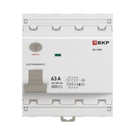 Выключатель дифференциального тока ВД-100N 4P 63А 300мА тип AC эл-мех 6кА PROXIMA EKF